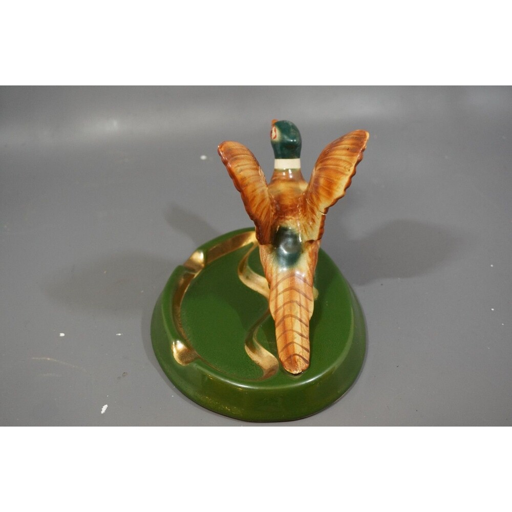 Vintage Ceramic Pheasant Bird Ashtray Ring Pin Dish Figurine Green Gold Base MCM - Picture 2 of 9